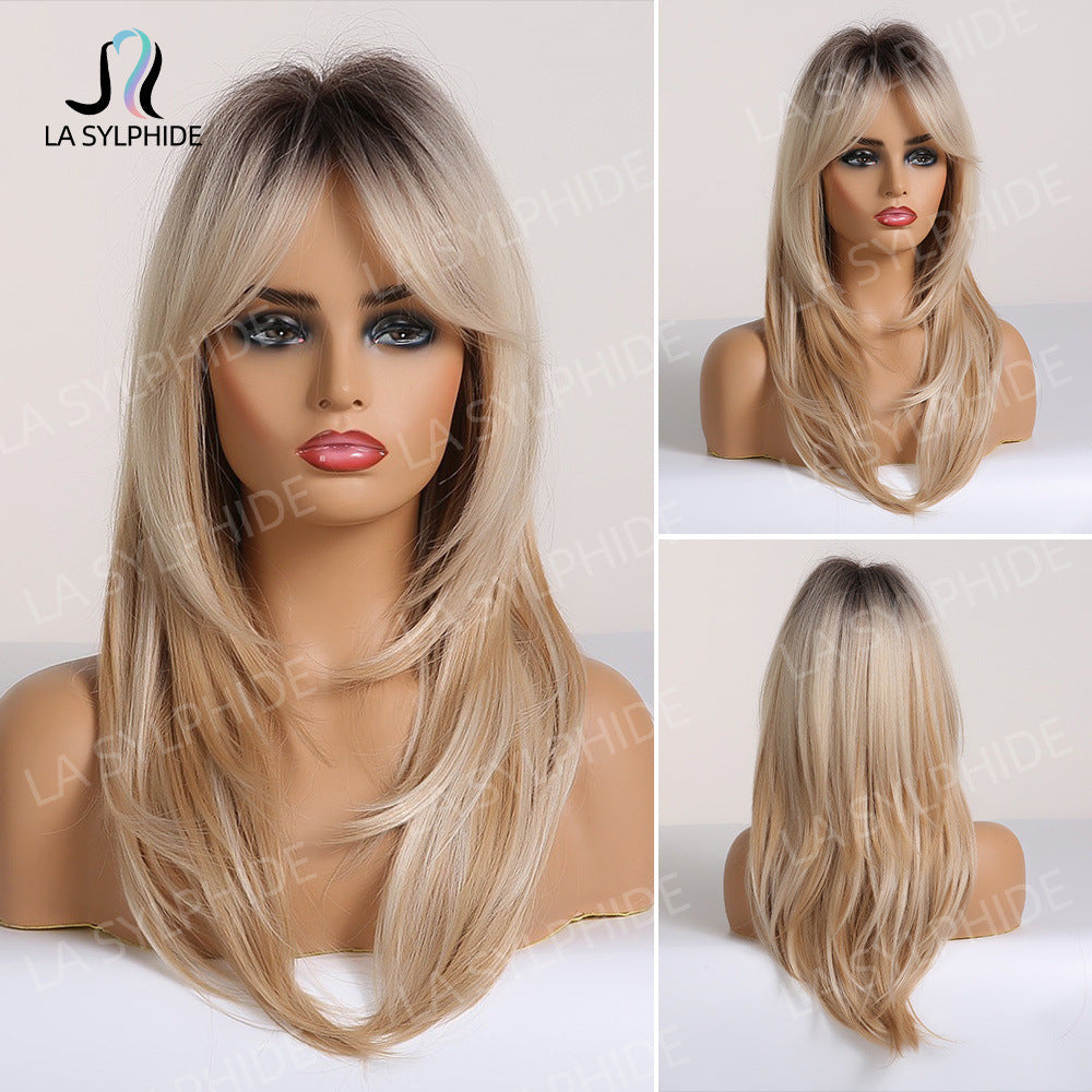 Bangs Mid-length Texture Hair Intellectual Female Mechanism Golden Synthetic Wigs Long Straight Wig