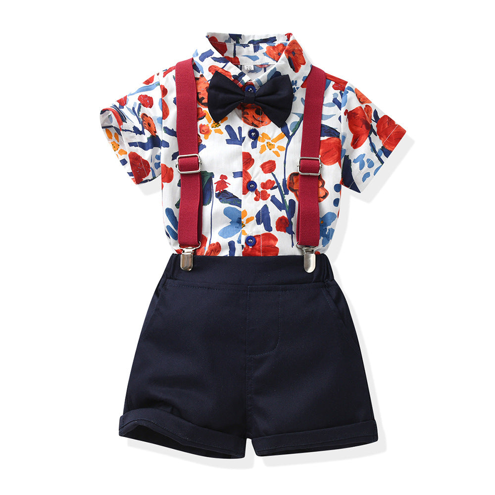 Children's Summer Clothing Short-sleeved Cotton Shirt Suspender Pants One Year Old Children's Suit