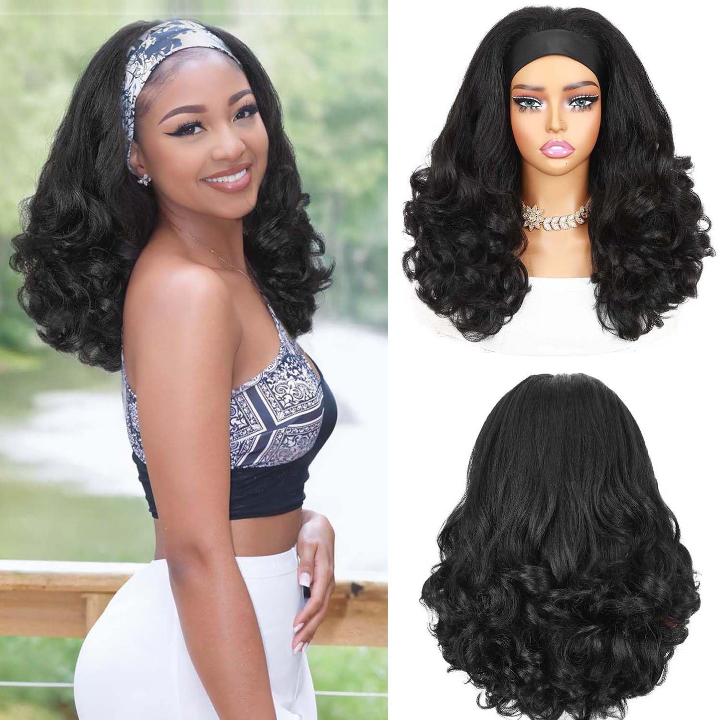 Women's Black Ice Ribbon Curly Hair Fluffy Natural Fashion Small Head Wig Long Curls