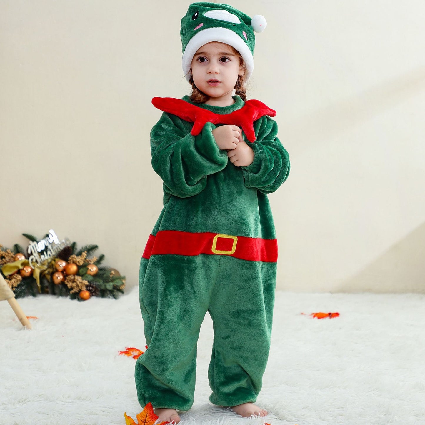 Children's Flannel Pajamas Infant Hat Romper Christmas Jumpsuit, Climbing Suit