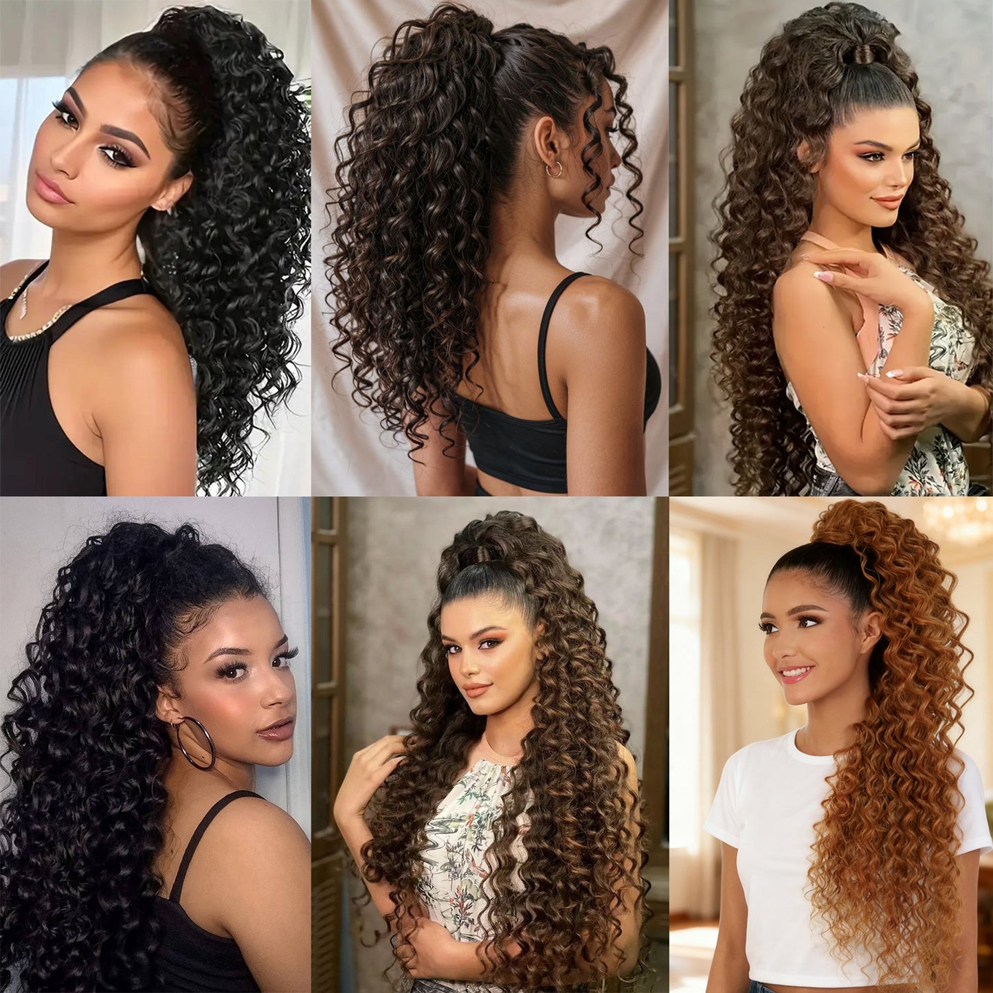 Women's Long African Curly Hair Grip Black Wig Ponytail