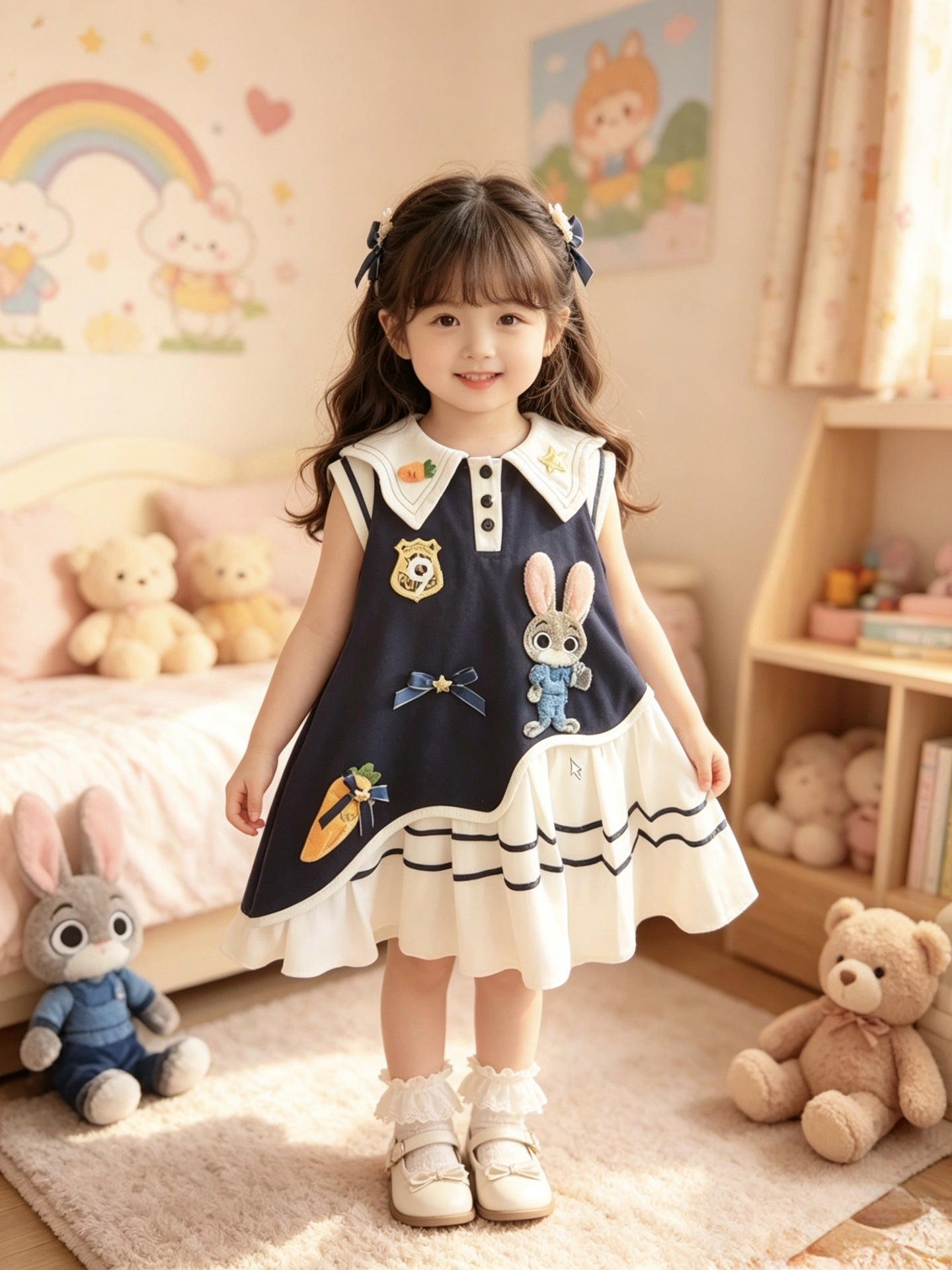 Children's Summer Preppy Style Rabbit Police Officer Lapel Western Children's Dress