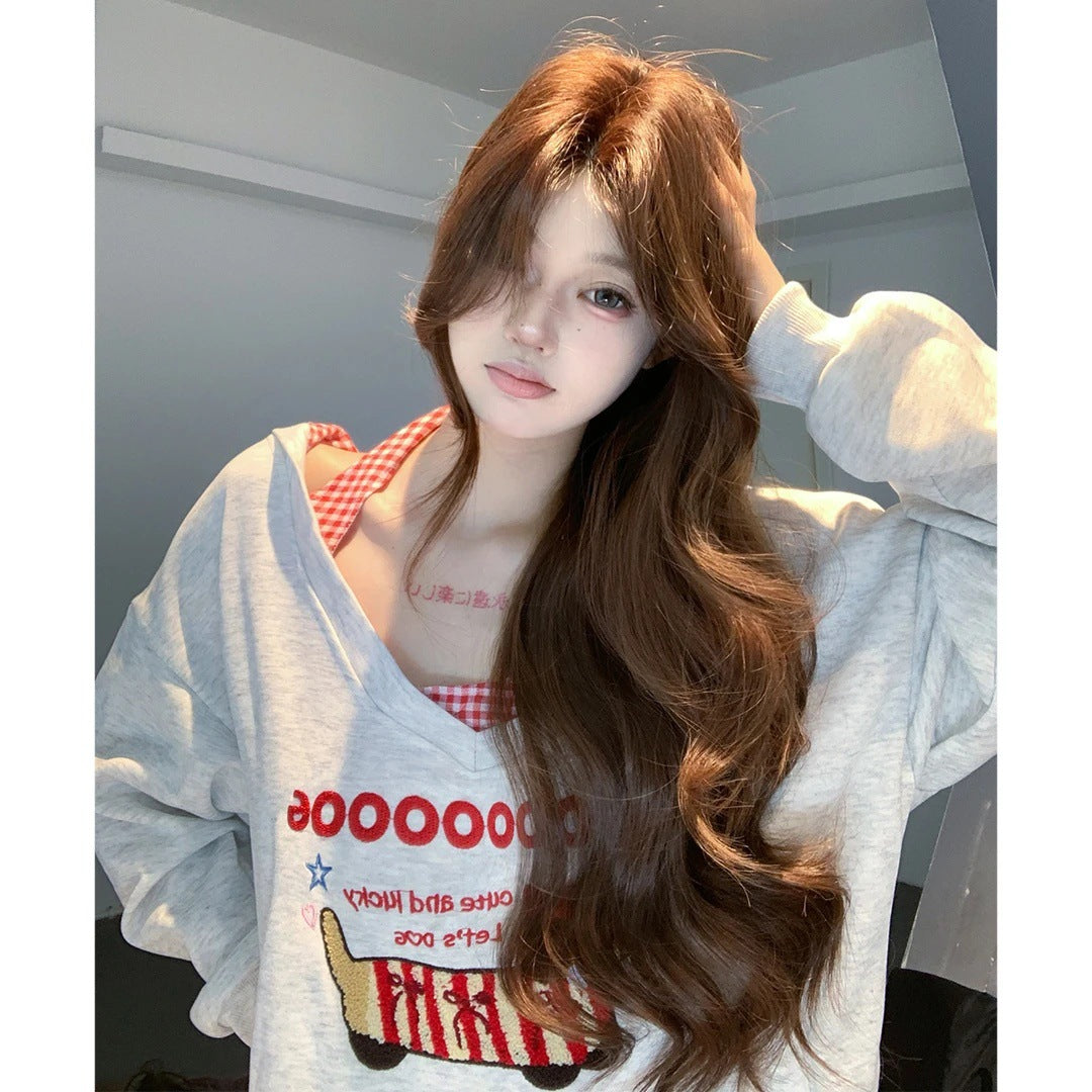 Brown Female Medium Large Wave Lazy Temperament Curly Hair Bangs Wig Long Curls