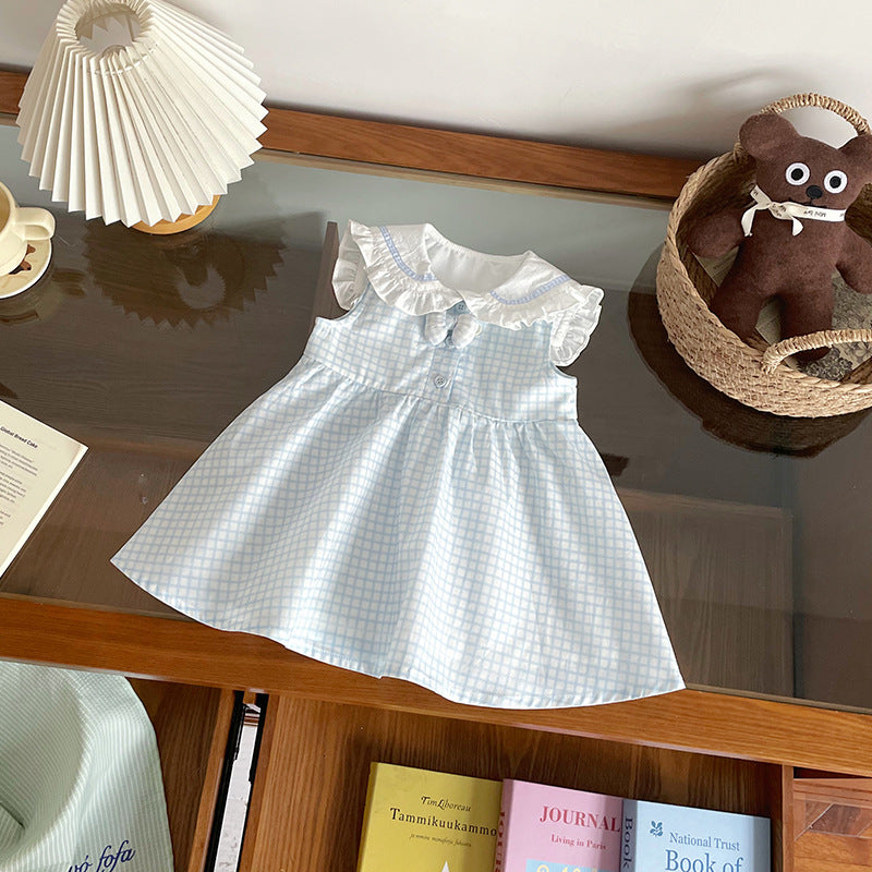 Children's Blue White Plaid Doll Collar Ruffled Children's Dress