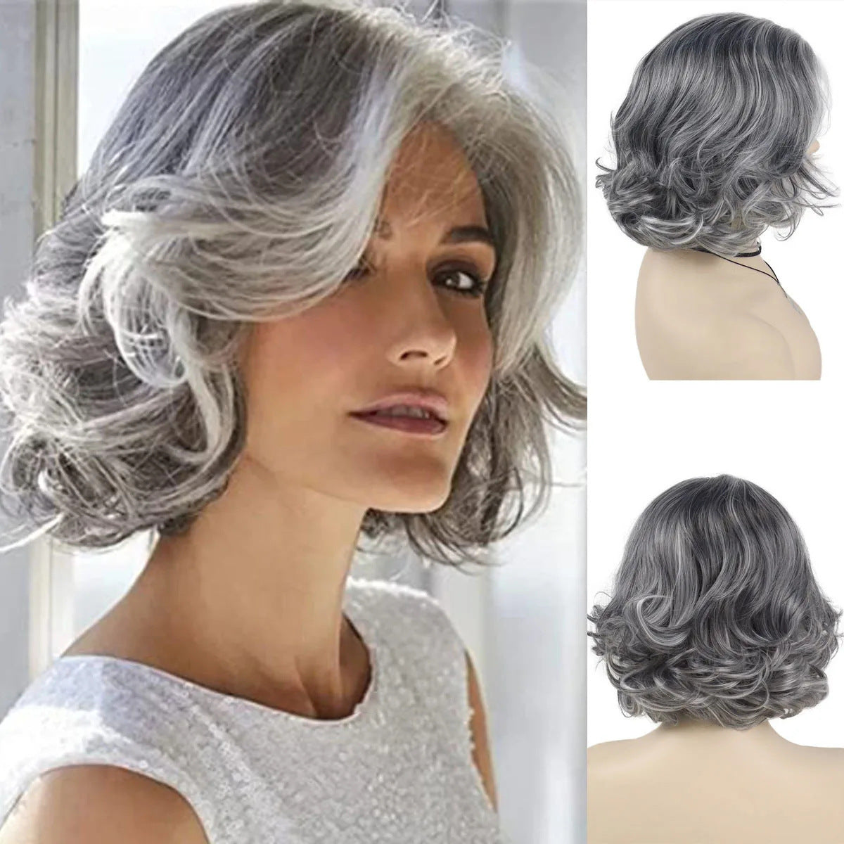 Head Cover Black Gray Mid-length Light Wig Short Curly Hair