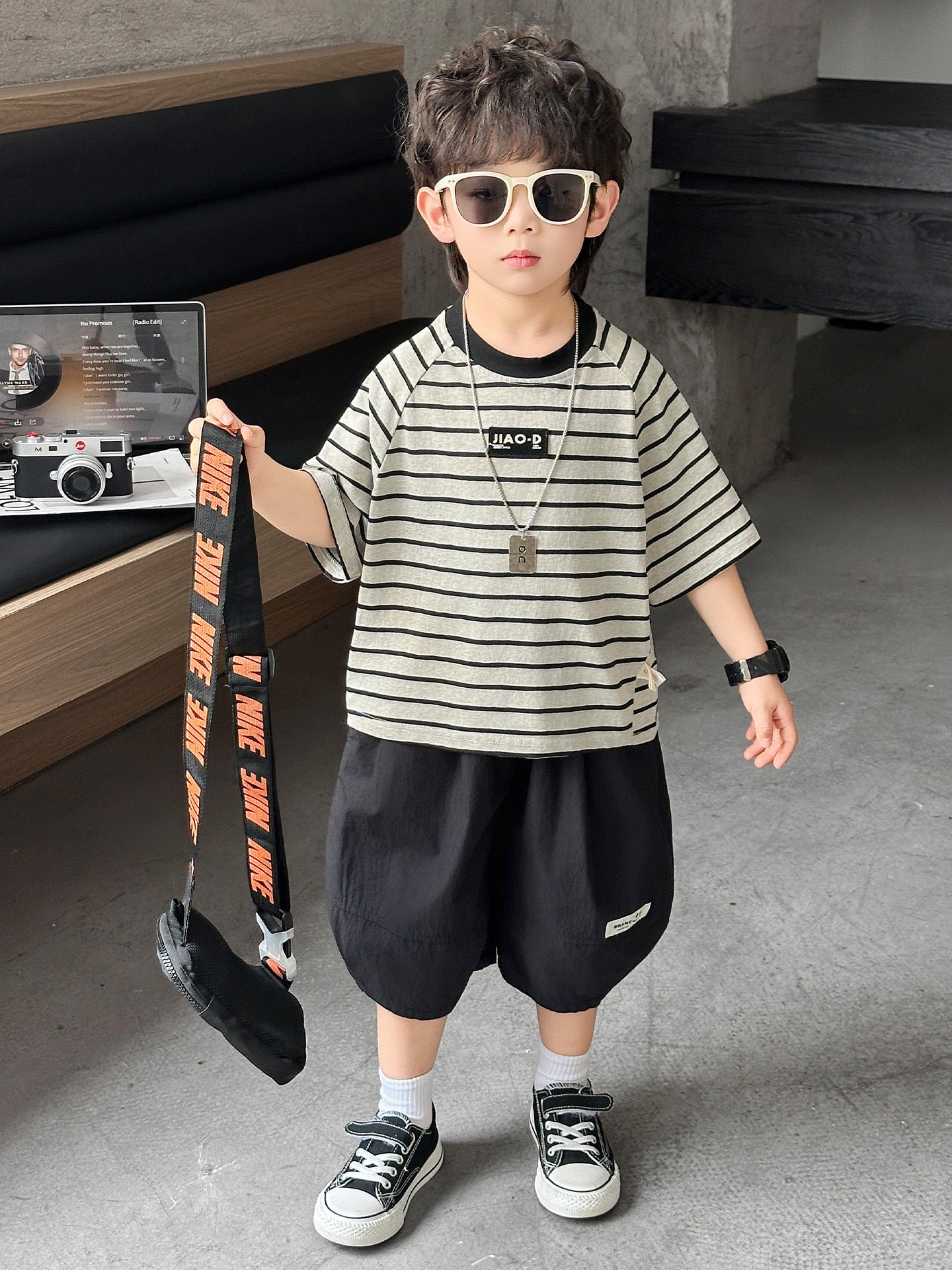 Children's Summer Striped Short-sleeved Korean Shorts Two-piece Children's Suit