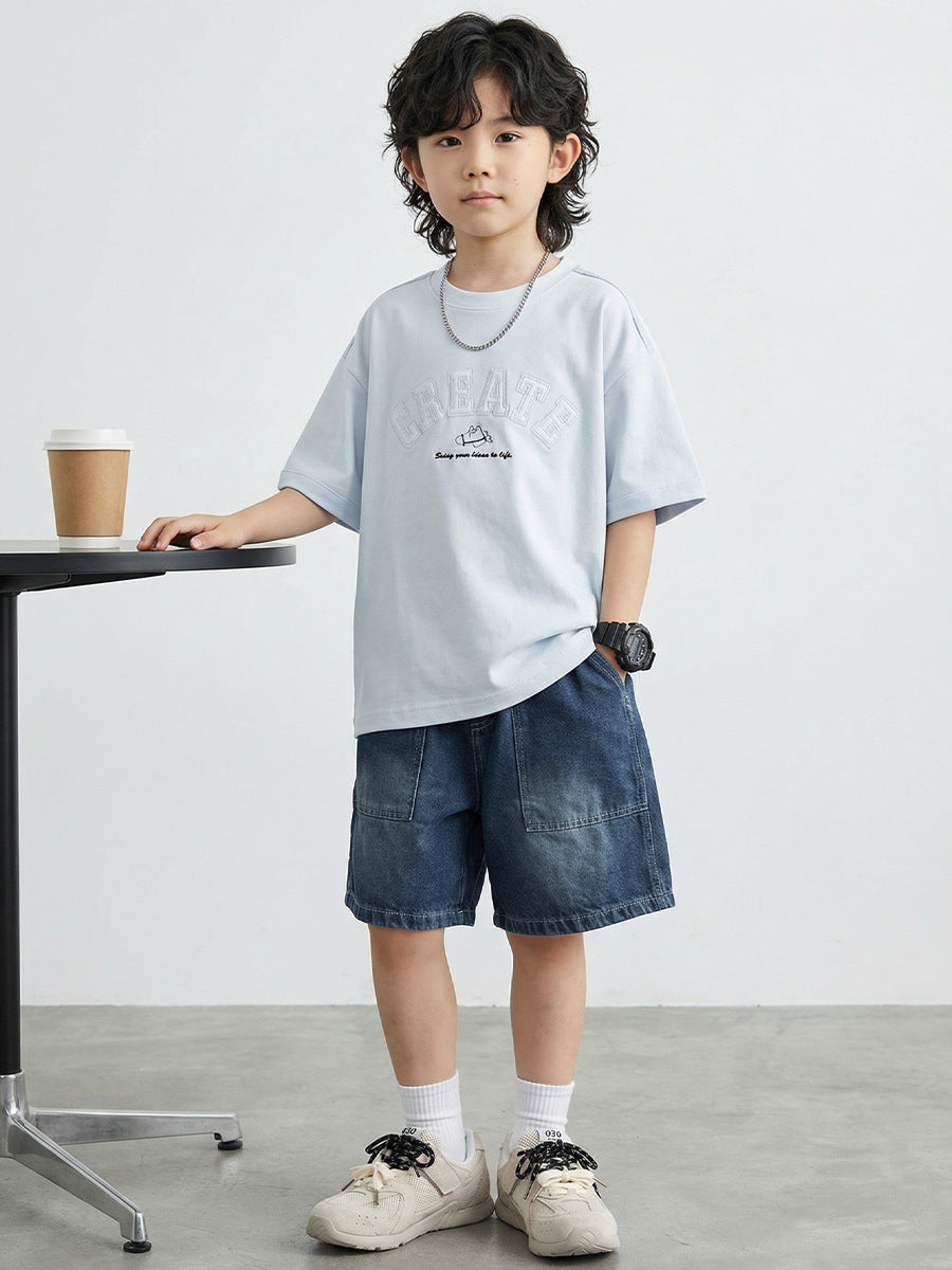 Children's Short-sleeved Summer Cotton Round Neck Top With Letters Embroidered Loose Children's T-shirt