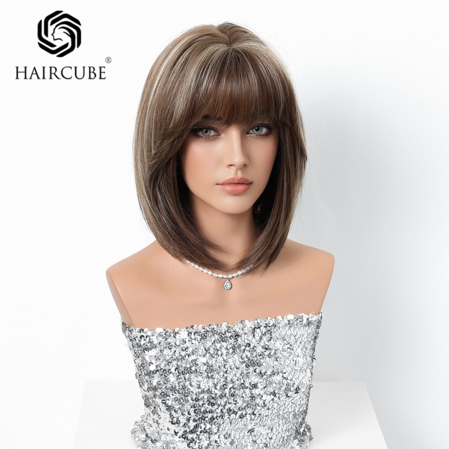 Bangs Elegant Female Wave Shoulder Dark Brown Natural Summer Breathable Wig Short Straight Hair