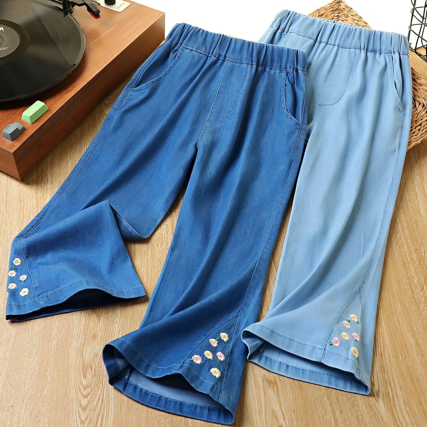 Children's Domestic Sales Denim Stitching Small Flower Embroidery Children's Pants