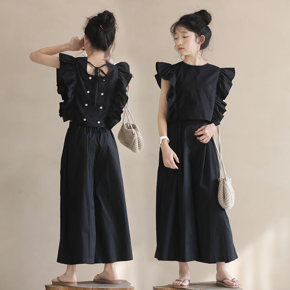 Beige Style Black Culottes Suit Summer Thin Ruffle Children's Pants