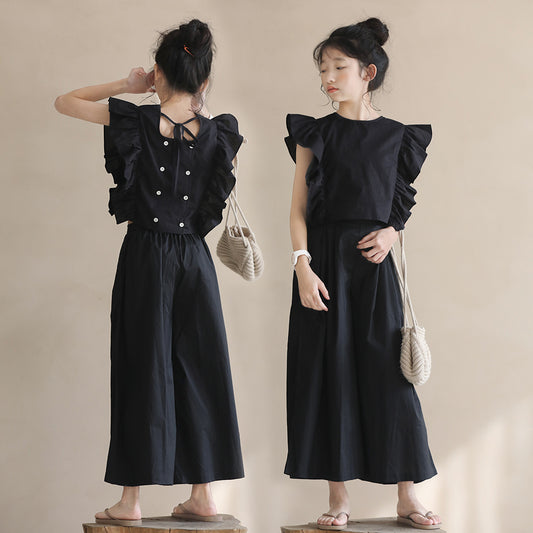 Beige Style Black Culottes Suit Summer Thin Ruffle Children's Pants