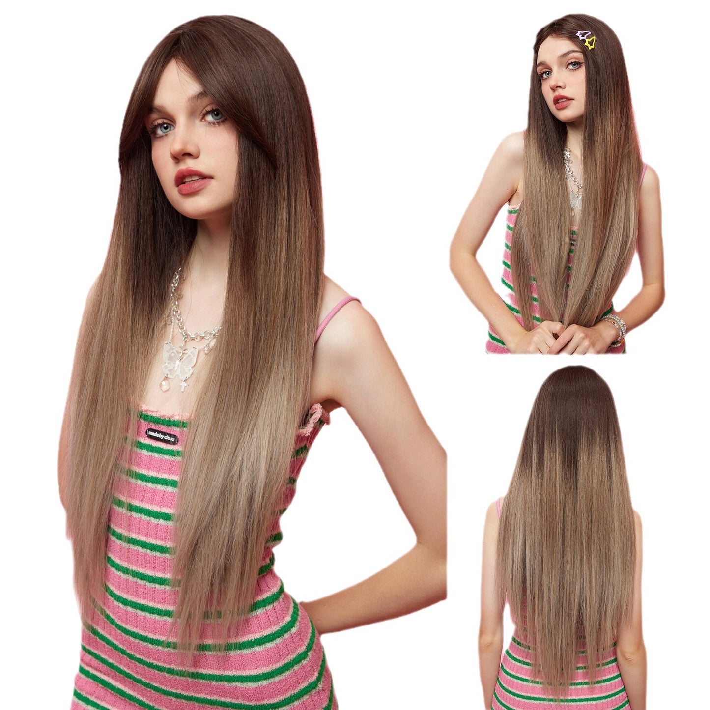 Bangs Champagne Brown Hair Dignified Goddess Chemical Long Straight Wig