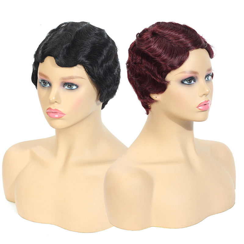 Female Short Curly Water Ripple Human Head Real Hair Wig