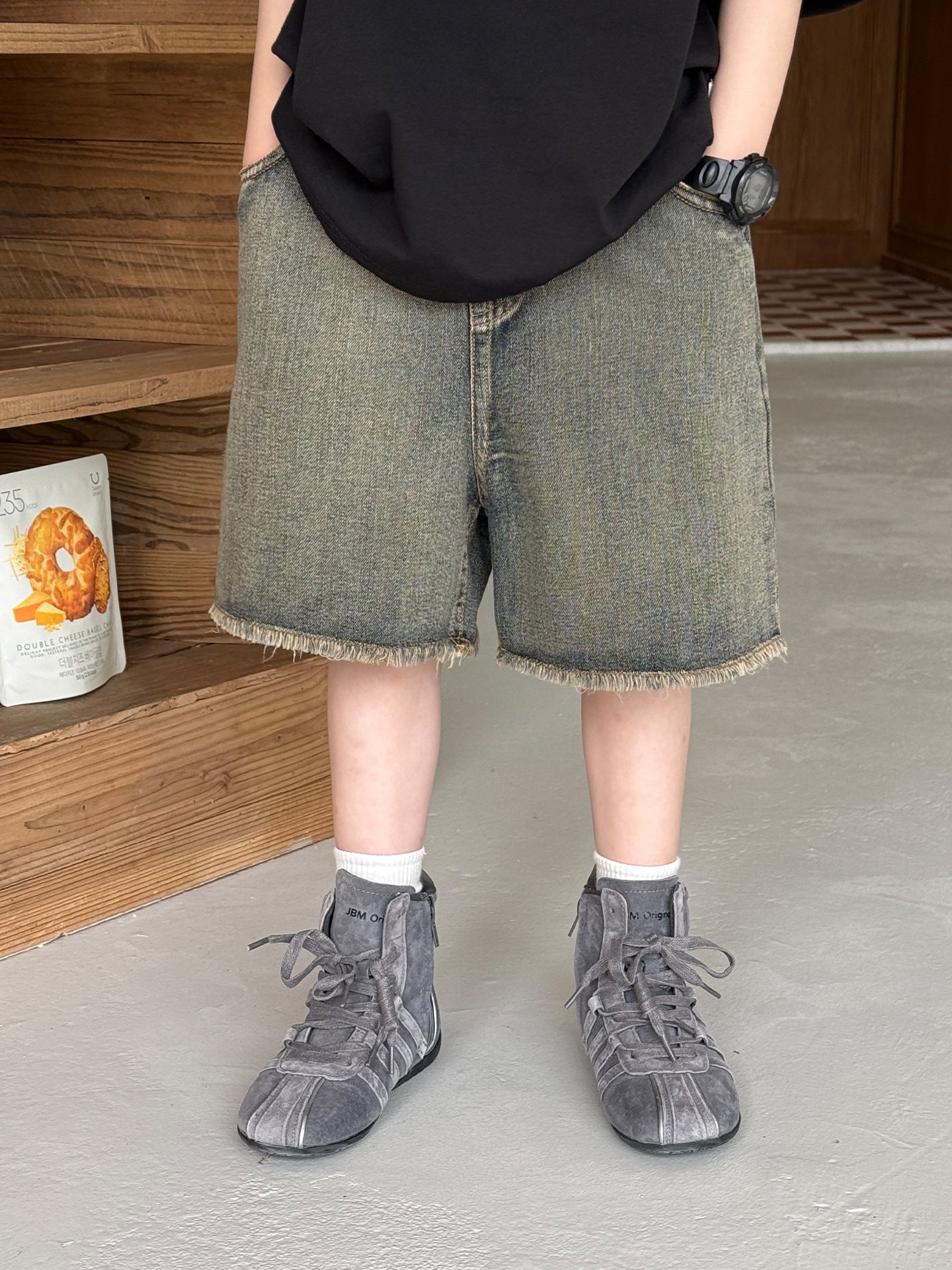 Style Fashion Retro Distressed Raw Edges Design Casual Children's Pants