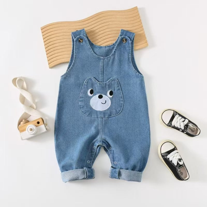 Denim Overalls Jumpsuit Sleeveless Super Cute Cartoon Western Style Trousers Children's Pants