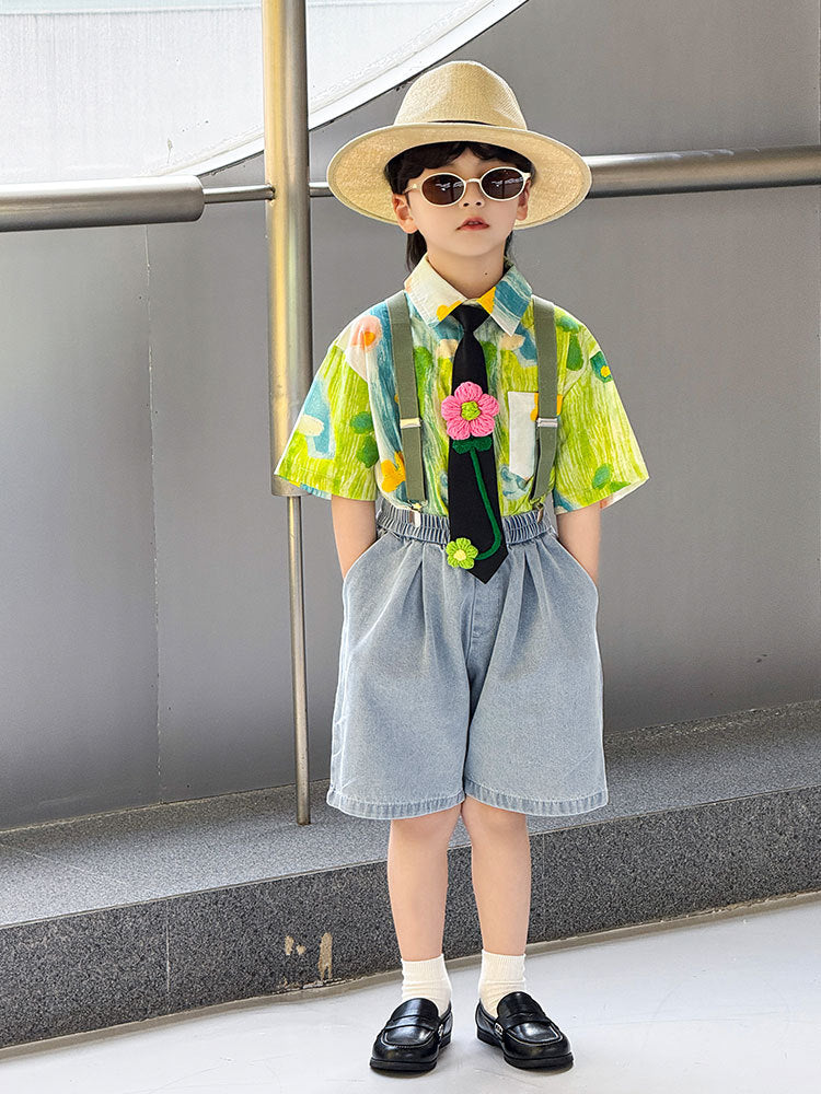 Denim Shorts Casual Printed Suspender Suit Performance Children's Shirt