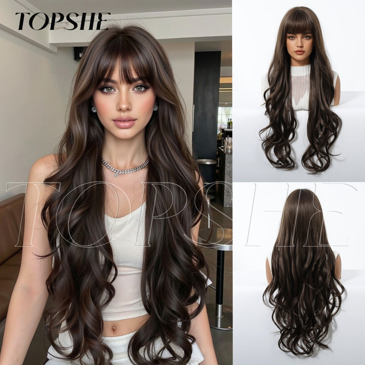 Dyed Brown Straight Bangs Big Wave Curly Wig Long Curls