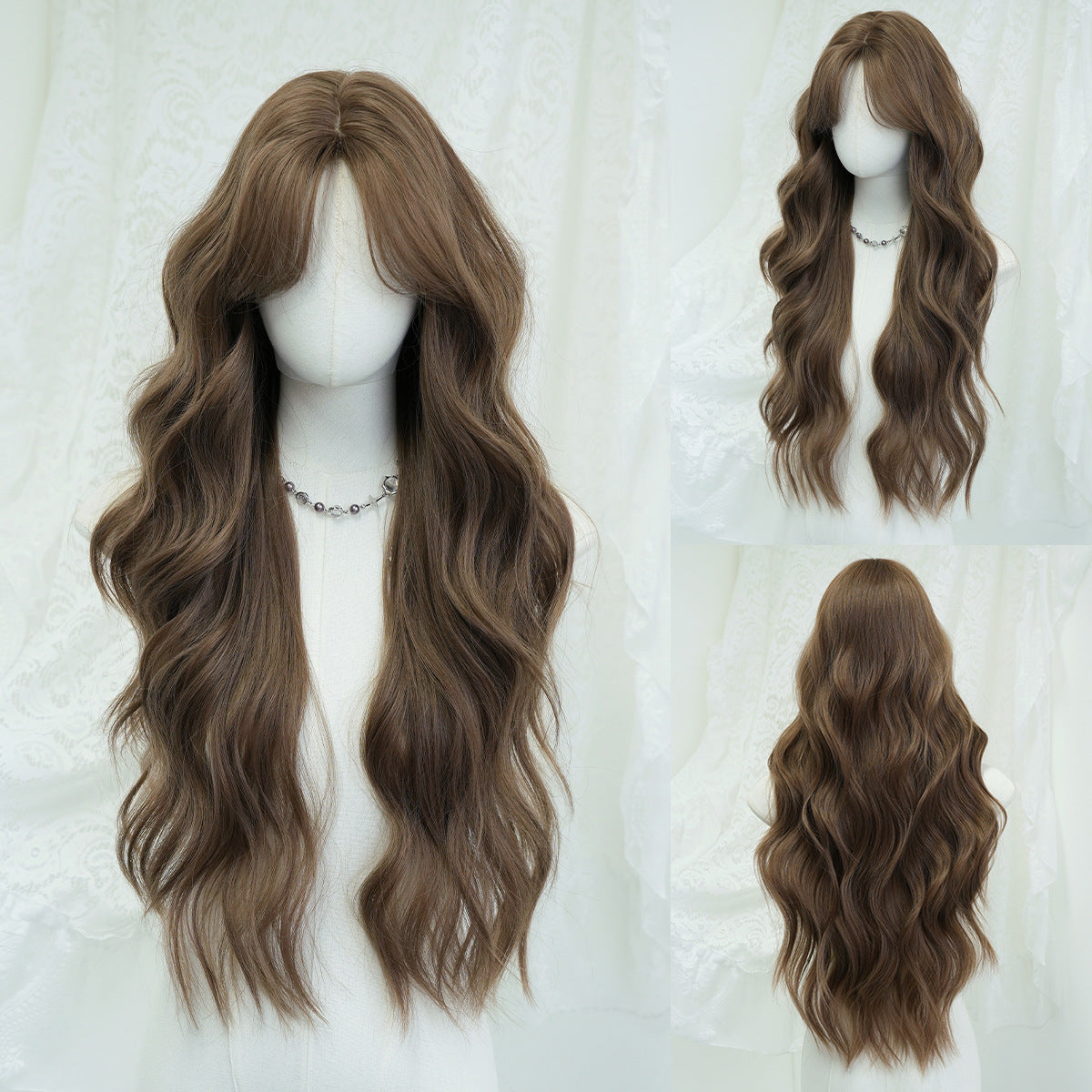 Women's Daily Seamless Square Round Face Hair Wig Long Curls