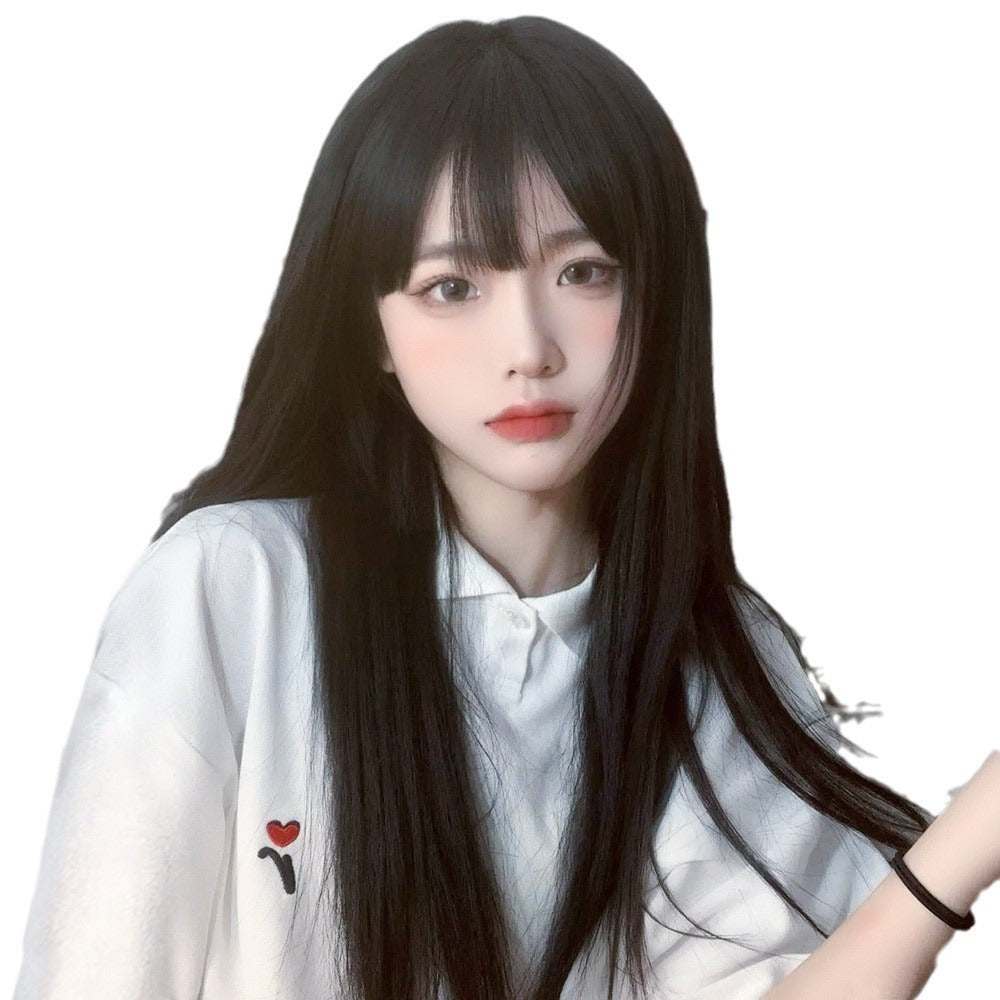 Long Hair Black Brown Round Face Air Bangs Natural Simulation Cos Wig