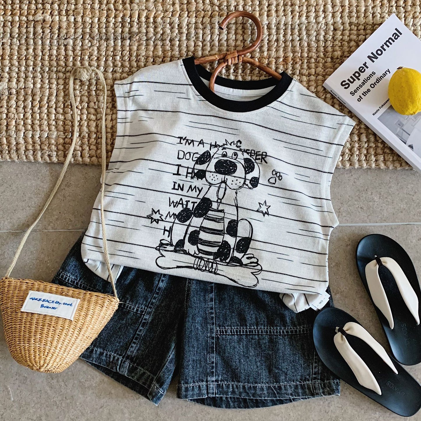 Children's Summer Fashion Cartoon Striped Two-piece Woven Children's Suit