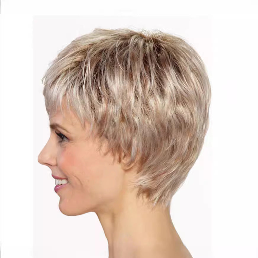 Golden Female Gray Gold Color Head Cover Wig Short Curly Hair