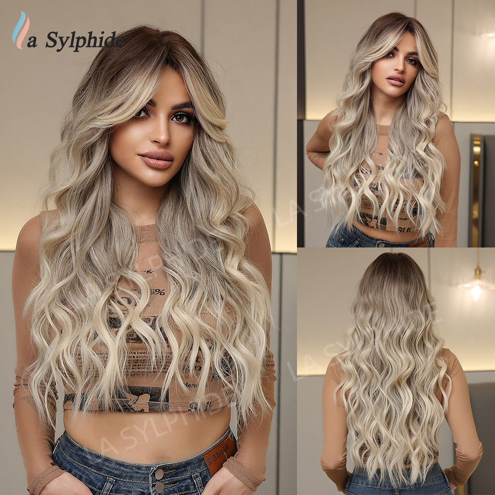 Curly Hair Bangs Natural Golden Brown Wig Long Curls
