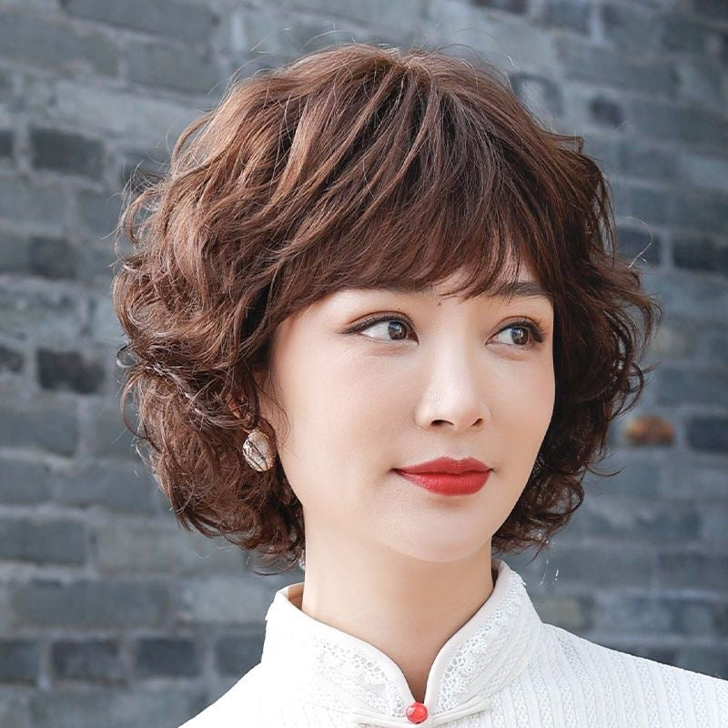 Women's Real Full Human Sheath Mother Natural Wig Short Curly Hair