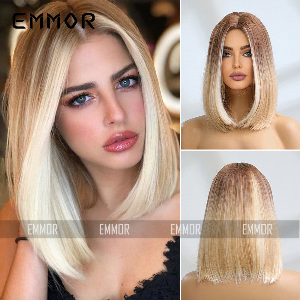 Medium Gradient Platinum Mixed Color Dyed Chemical Wig Short Straight Hair
