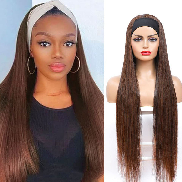 Silk Hair Band Head Cover Black Chemical Long Straight Wig