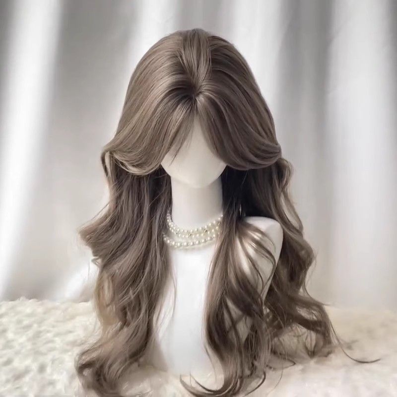 Female Mint Beige Mid-length Bangs Curly High Skull Top Growing Wig Long Curls