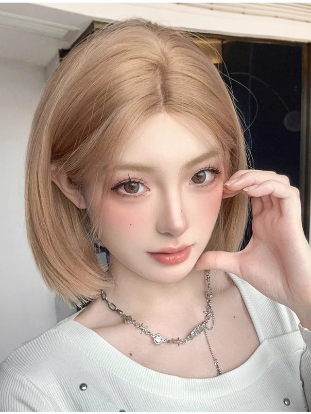 Women's Pink Golden Small Lace Summer Mid-length Versatile Daily Full Wig Short Straight Hair