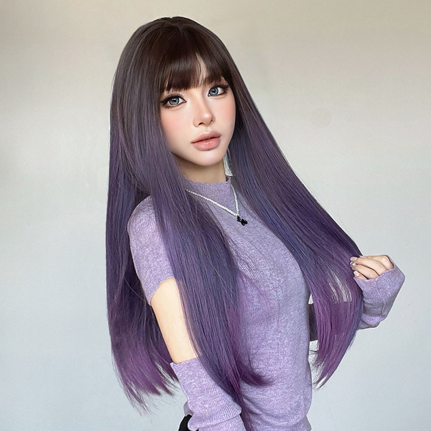 Gradient Hair Bangs Daily Natural Sweet Cool White Long Straight Wig