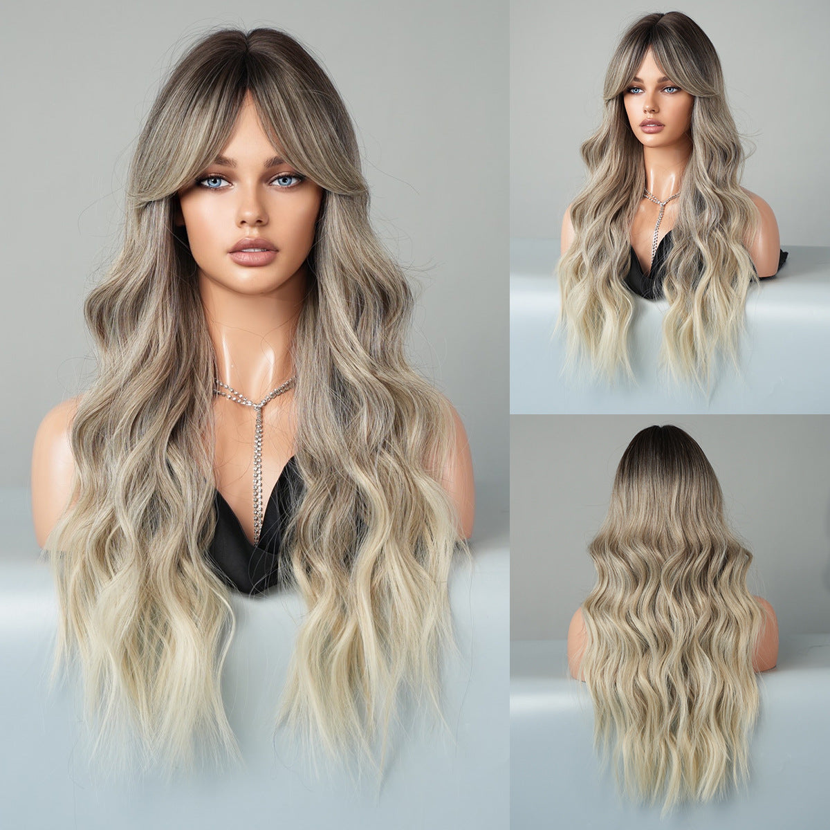 Women's Bronze Golden Fashion Curly Hair Bangs Big Wig Long Curls