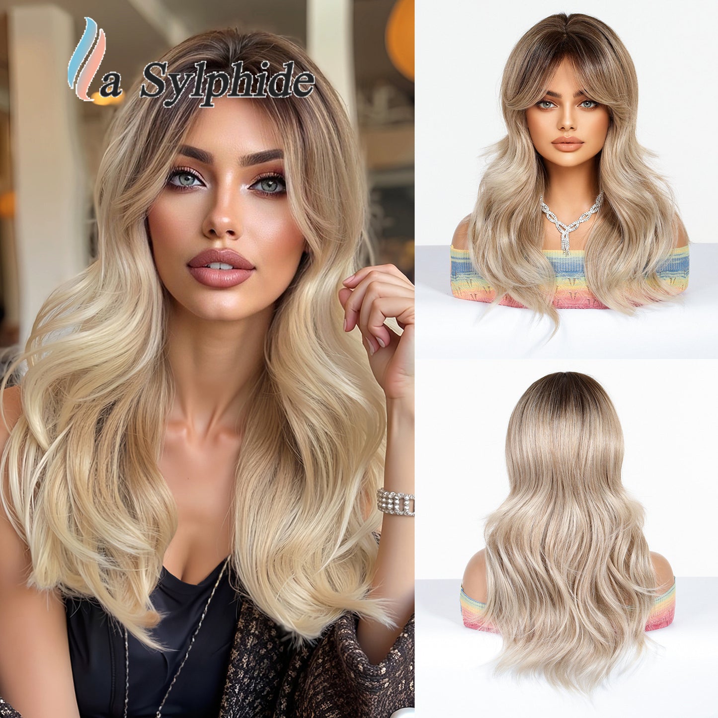 Live Broadcast Brown Golden Gradient Rose Net Mechanism Bangs Fashion Wig Long Curls
