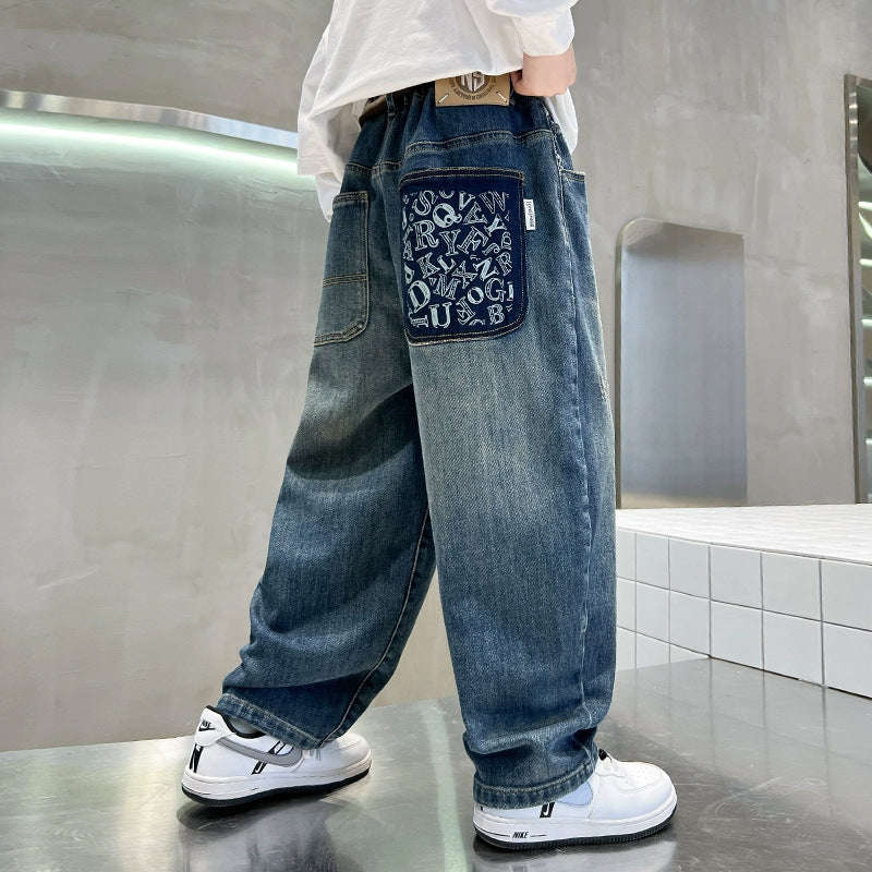 Children's Boys Autumn Clothing Jeans Western Style Medium Big Casual Loose Children's Pants