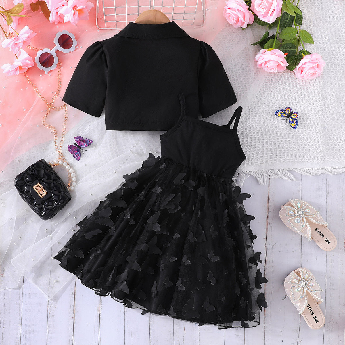 Butterfly Mesh Camisole Long Skirt Two-piece Children's Suit