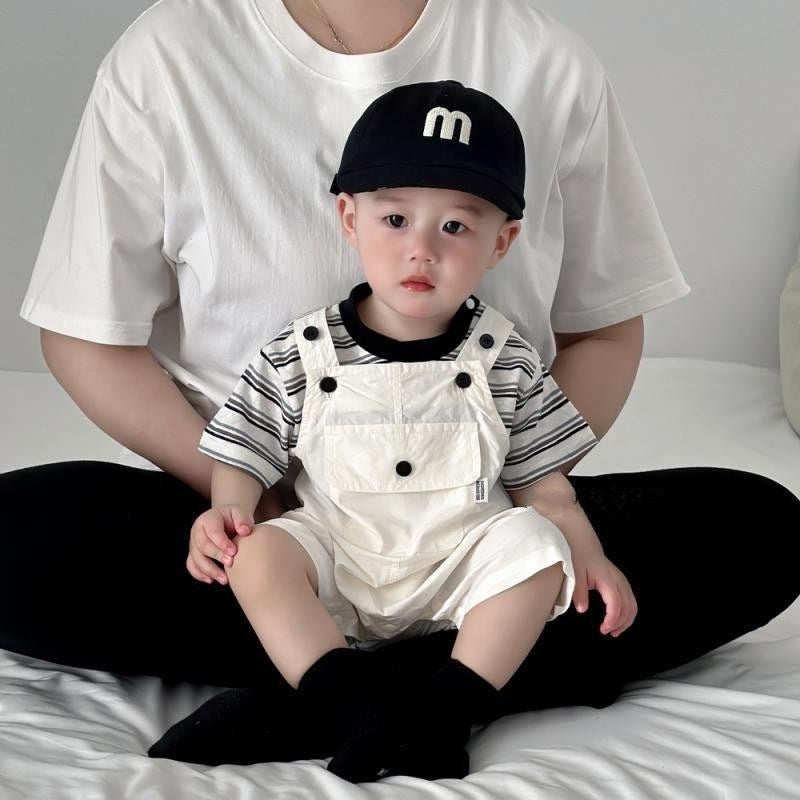 Boy Handsome Stripes Short Sleeve Suspender Pants Thin Korean Style Jumpsuit, Climbing Suit