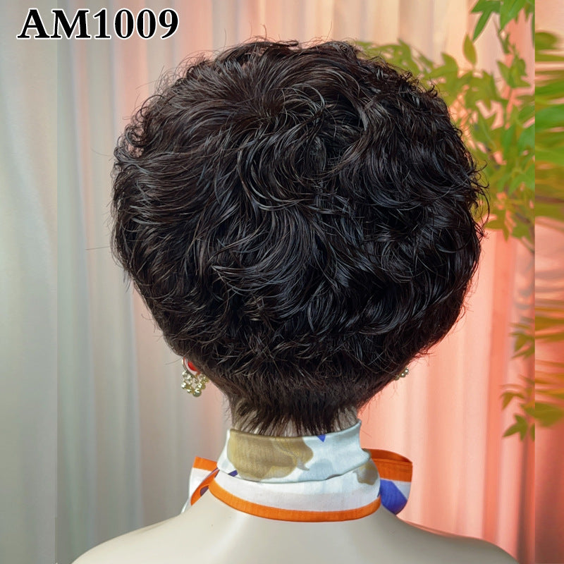 Women's Full Human Mother's Sheath Short Breathable Real Hair Wig