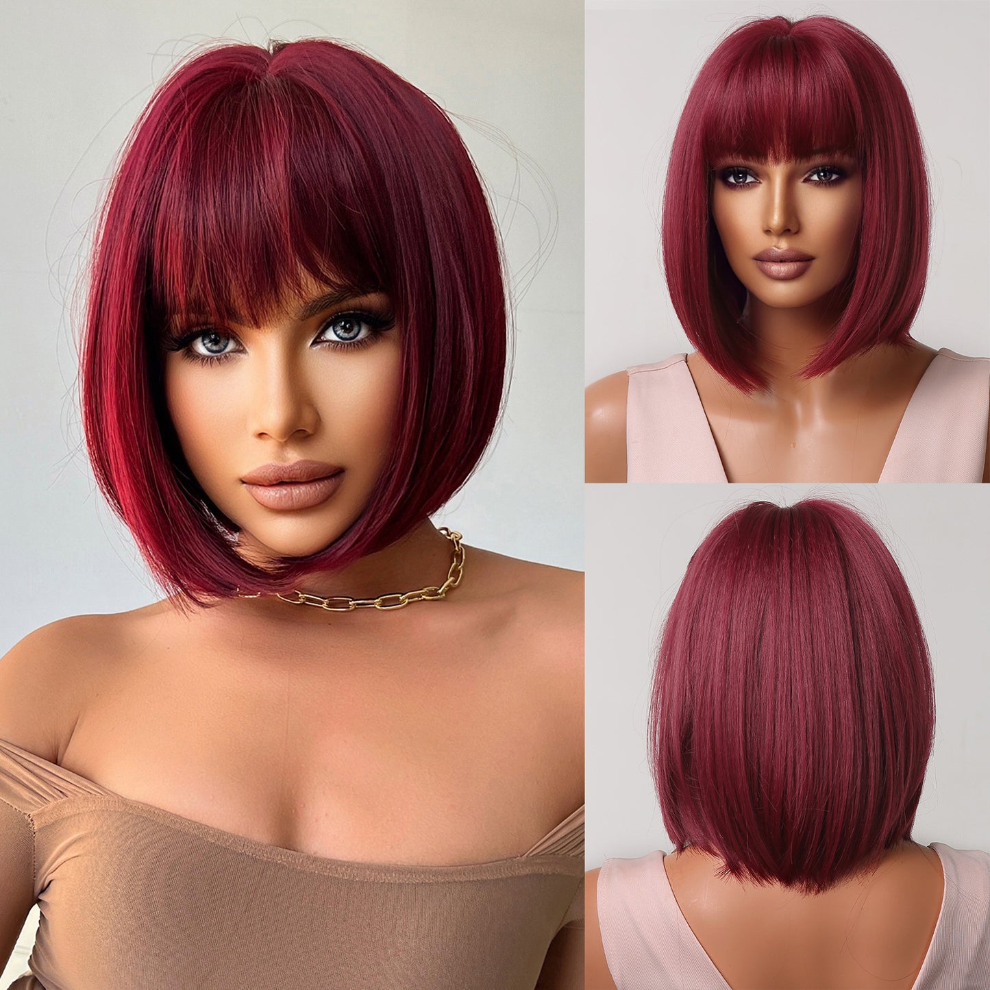 Attractive Air Bangs Wine Red Temperament Wig Short Straight Hair