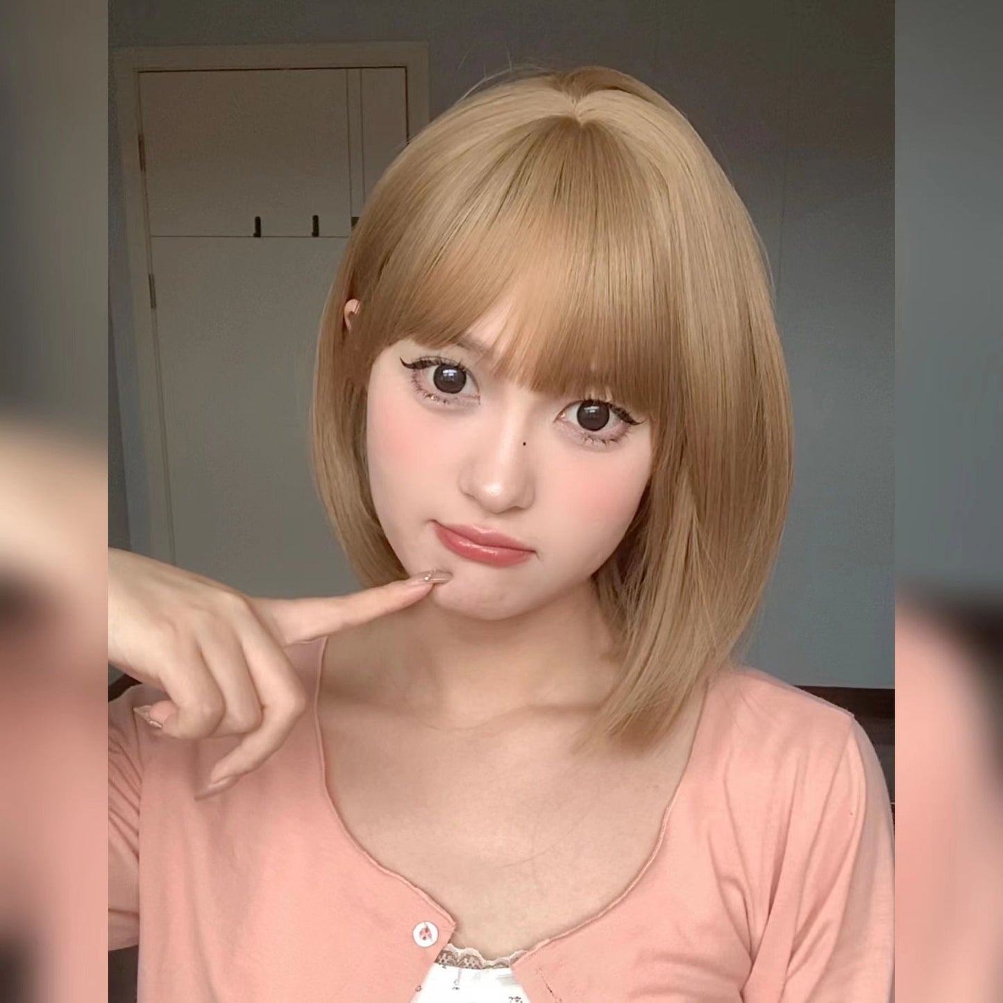 Female Black Brown Air Bangs Simulation Round Wig Short Straight Hair