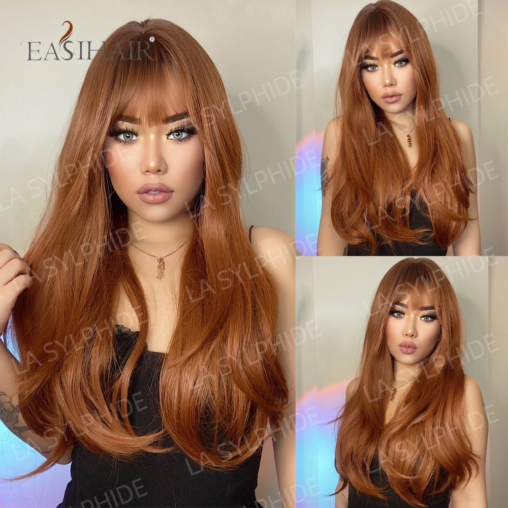 Red Brown Hair Side Bangs Female Mechanism Long Straight Wig