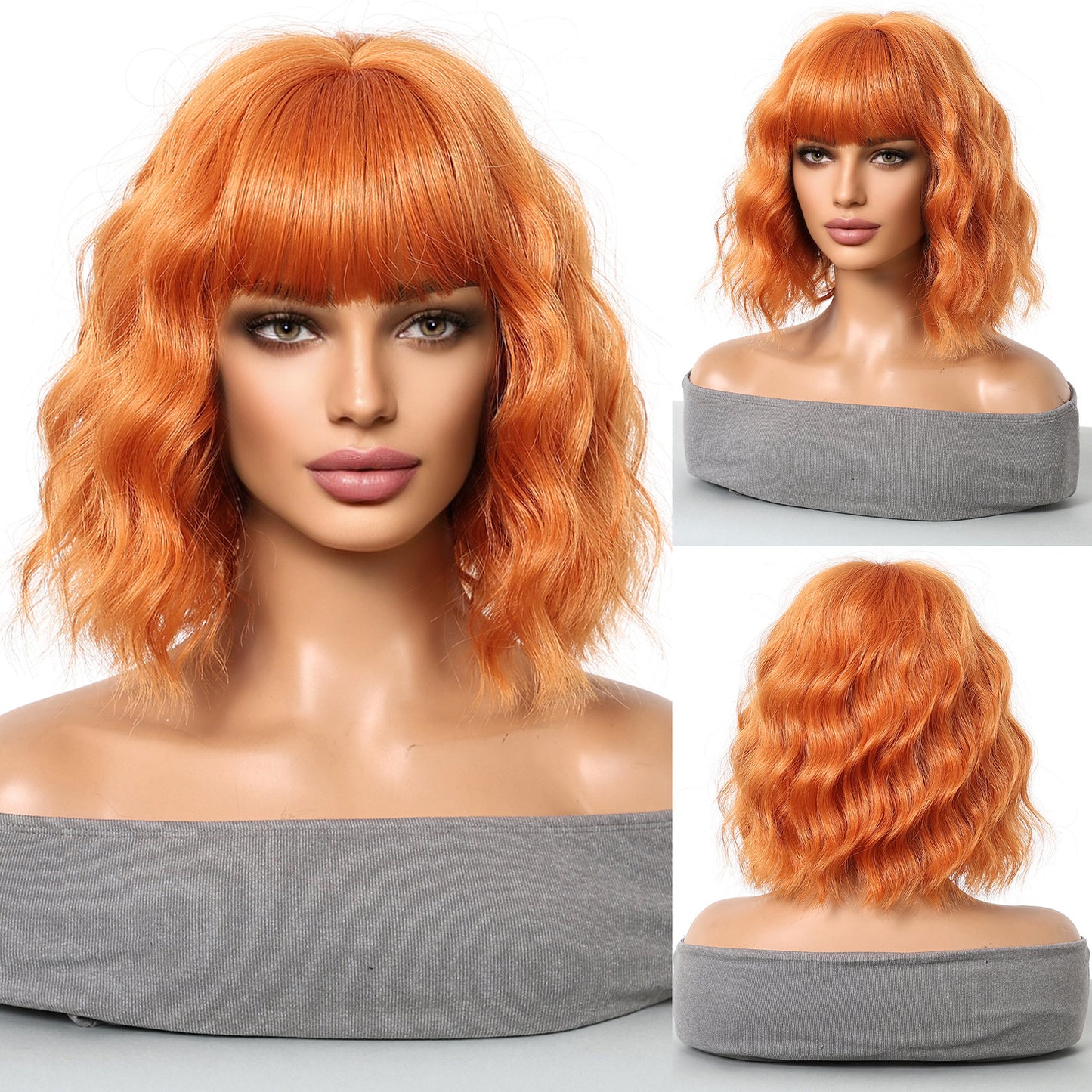Female Natural Straight Bangs Realistic Golden Wig Short Curly Hair