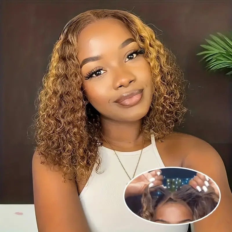 African Small Female Natural Head Cover Front Lace Piano Wig Short Curly Hair