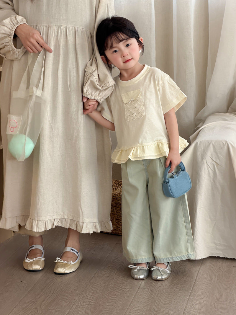Children's Korean Ruffled Sweet Fresh Lace Pocket Short-sleeved Children's T-shirt