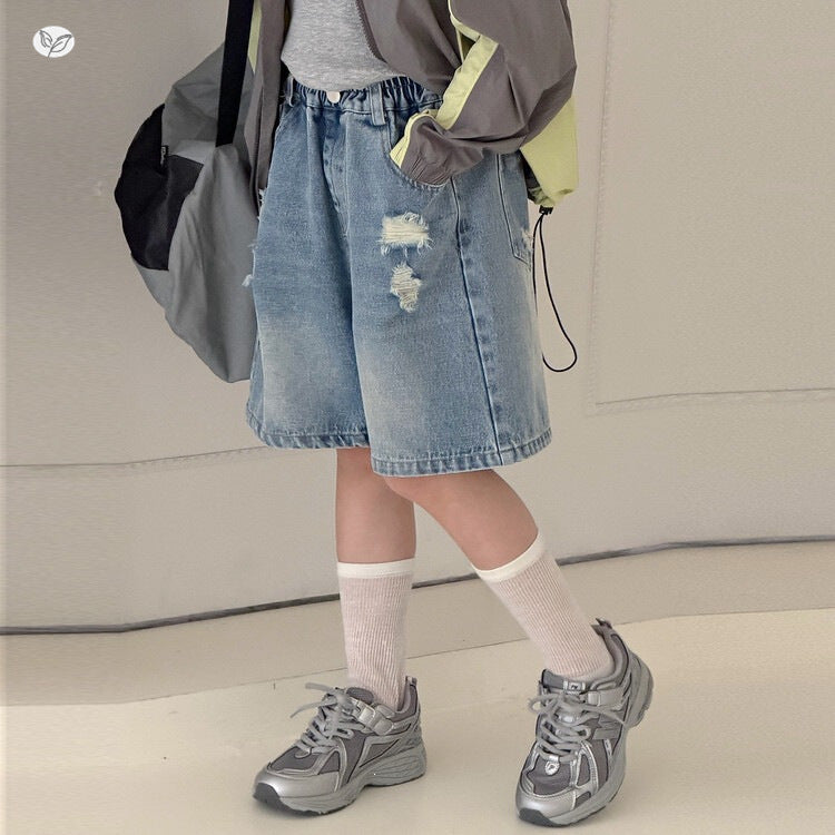 Middle Big Summer Ripped Cropped Jeans Blue Children's Pants