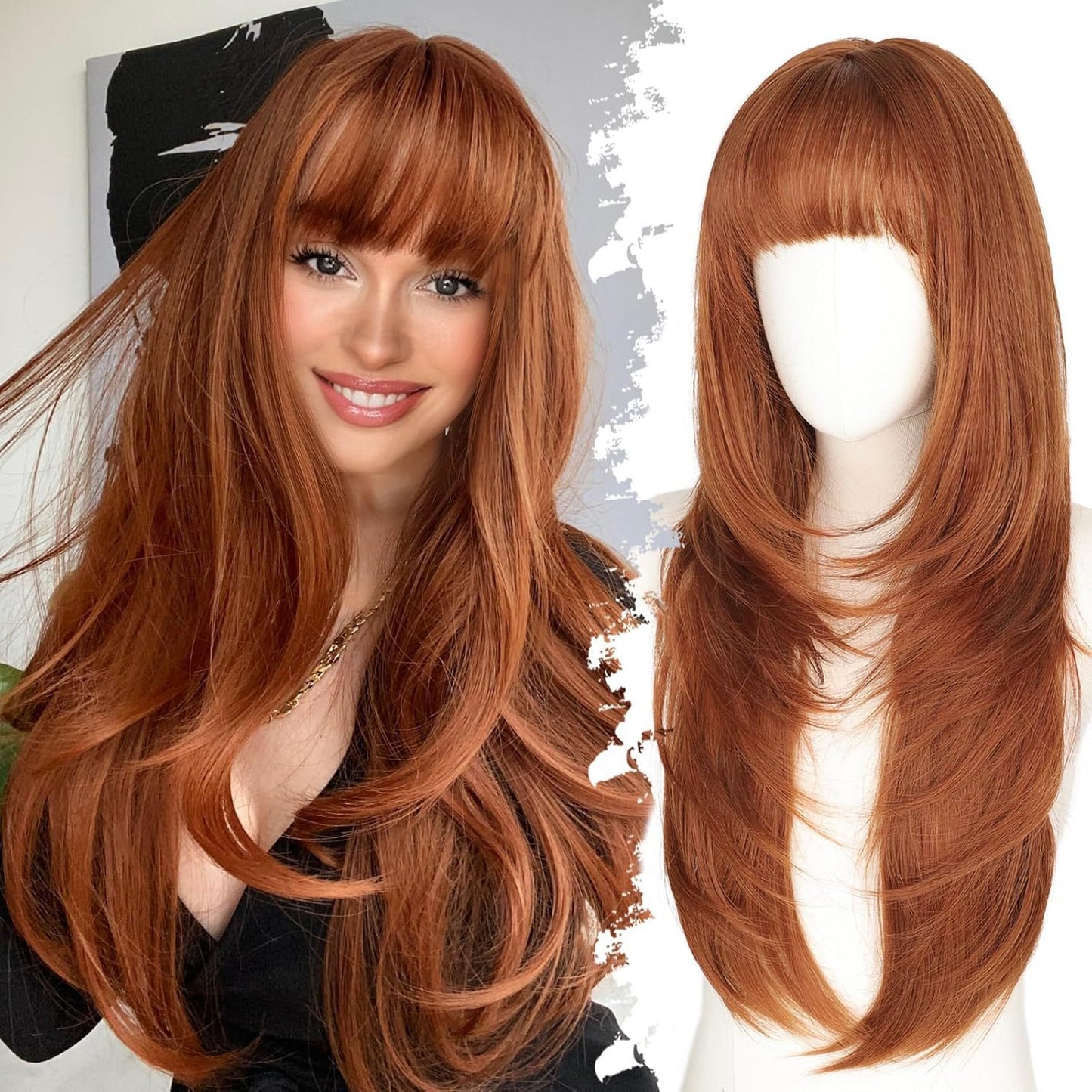 Female Straight Bangs Layered Hair Scalp Synthetic Wig Long Curls
