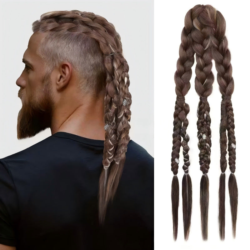 Men's Viking Dreadlocks Hand-woven Barrettes Button Batch Wig Ponytail