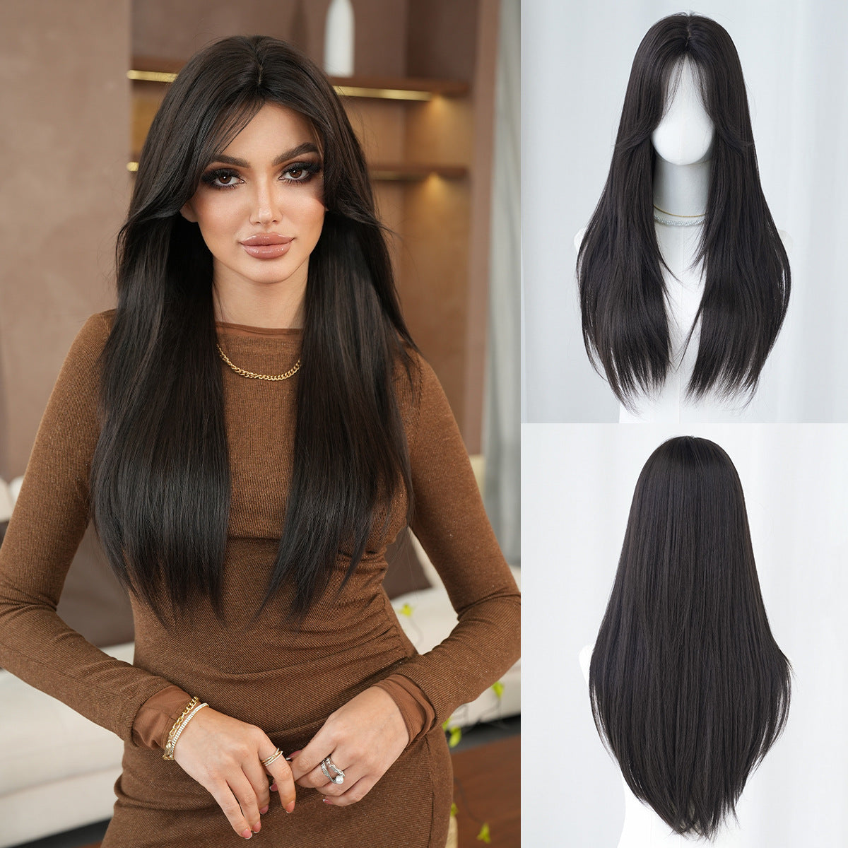 Black Full Top Bangs High Quality Chemical Long Straight Wig