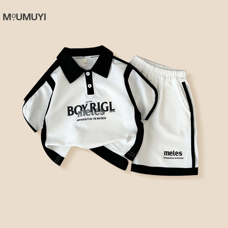 Style Trendy Stitching Contrast Color Short Sleeve Loose Shorts Two-piece Children's Suit