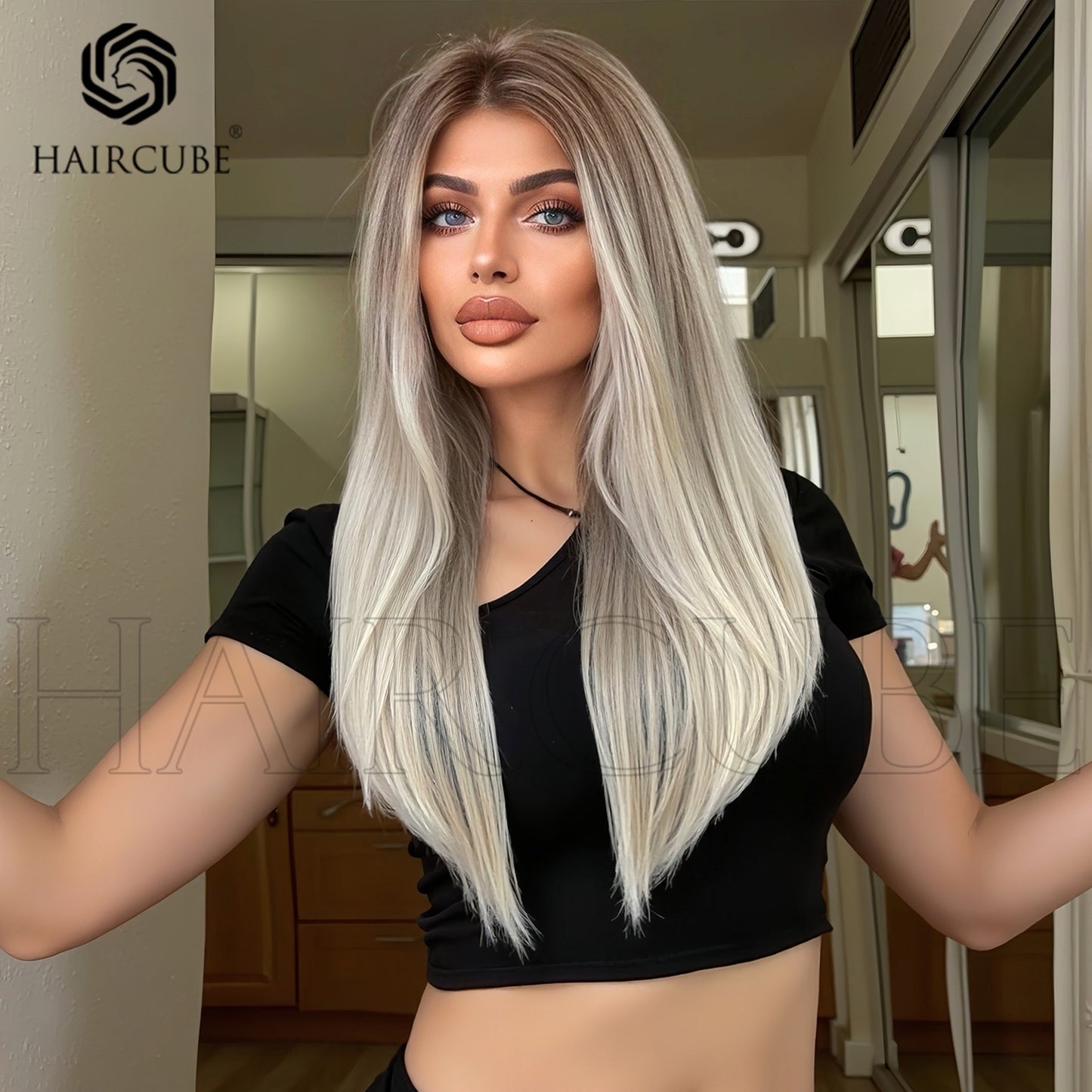 Women's White Gold Color Headgear Bangs Hair Atmosphere Long Straight Wig